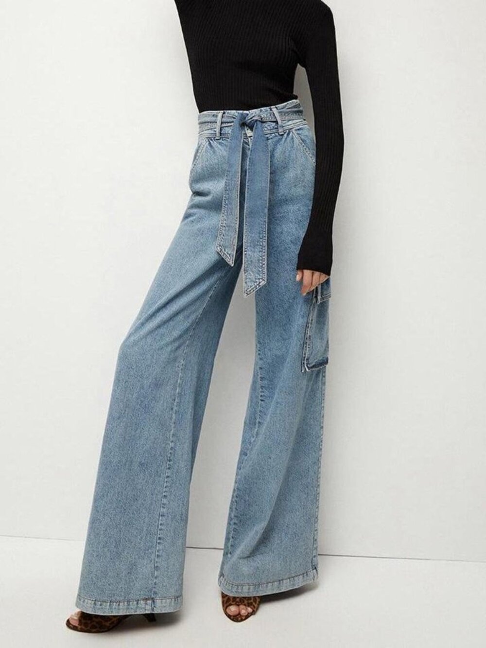 NWOT VERONICA BEARD BELISA Wide Leg High Rise Cargo Belted Jeans Silverwood 28